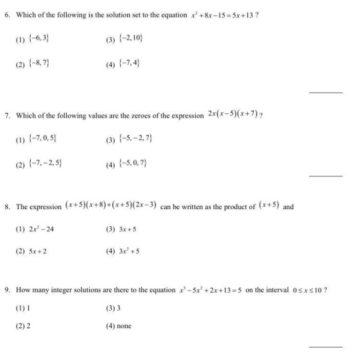 Unit 1 test algebra 2 answers